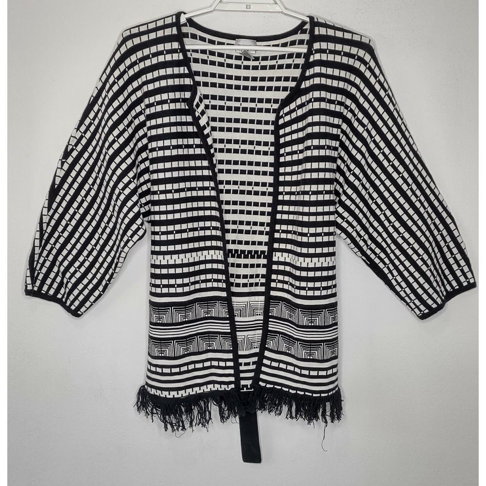 Chico's Sweater‎ Cardigan Sz 2 Long Sleeve Black White Check Fringe Hem Tie Belt